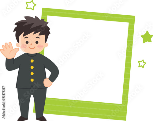 学ランを着た男子学生とフォトフレームのイラストセット