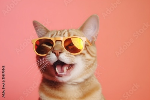 sunglasses portrait funny cute fashion colourful pet animal cat neon. Generative AI.