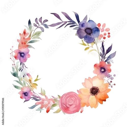Watercolor floral wreath frame background. Illustration AI Generative.
