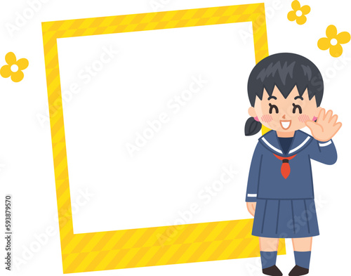 セーラー服を着た女子学生とフォトフレームのイラストセット