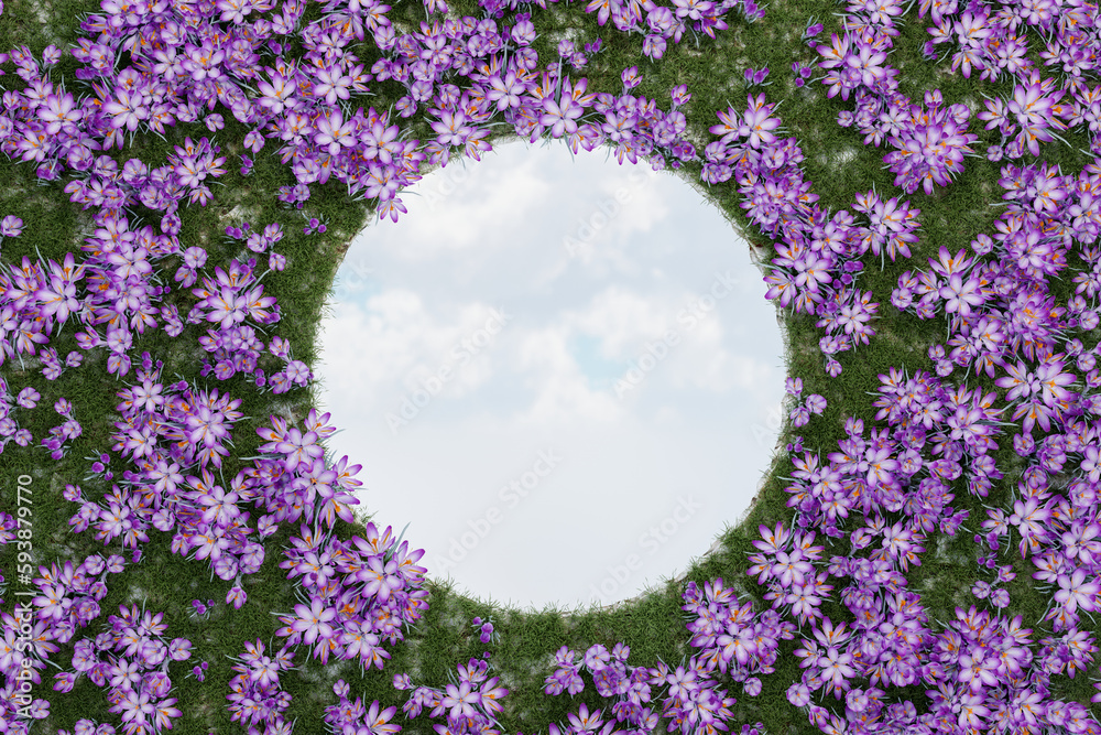 Naklejka premium Abstact 3d render spring scene and Natural beauty background, Colorful flowers and grass field around circle frame, backdrop sky and cloud for product display, advertising or etc