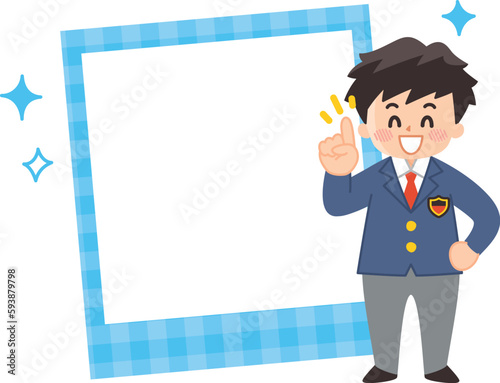 制服を着た男子学生とフォトフレームのイラストセット