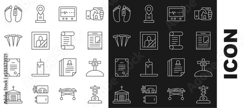 Set line Grave with cross, Obituaries, Beat dead in monitor, Mourning photo frame, Metallic nails, Dead body and Decree, parchment, scroll icon. Vector