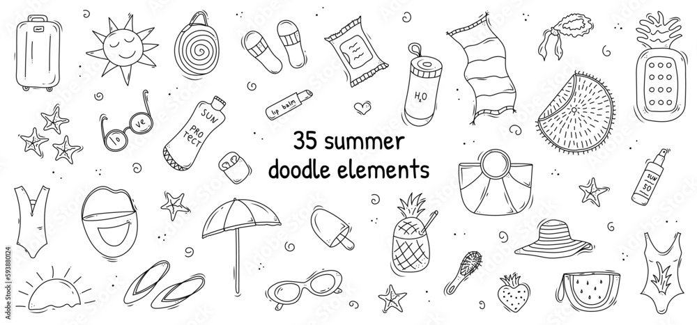 Doodle set of cute vector summer elements: bikini, luggage, slates, beach towel, water, umbrella, bag, ice cream. Stickers for daily planner. Black and white vector illustration