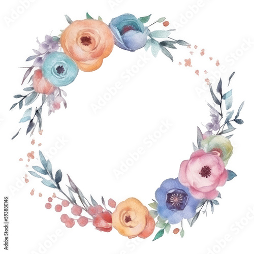 Watercolor floral wreath frame background. Illustration AI Generative.