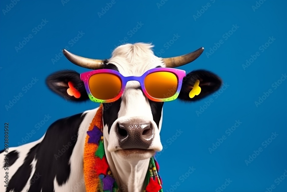portrait funny character animal colourful head cute cow sunglasses face. Generative AI.