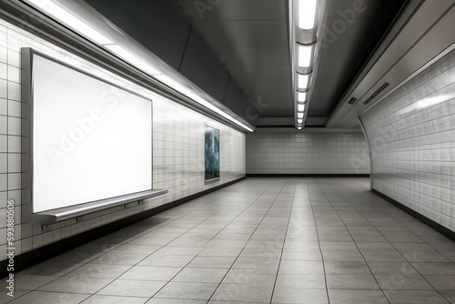 Dark and eerie abandoned subway station with a desolate board or TV mockup on the wall  creating a moody and haunting atmosphere. AI Generative.