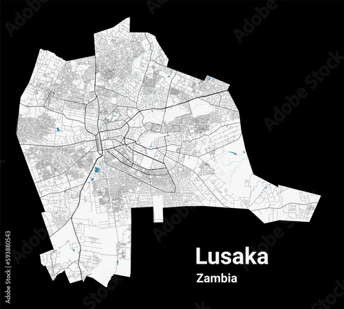 Lusaka map. Detailed map of Lusaka city administrative area. Cityscape panorama illustration. Road map with highways, streets, rivers. photo