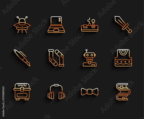 Set line Antique treasure chest, Headphones, UFO flying spaceship, Bow tie, Book, Socks, Waistcoat and Robot icon. Vector