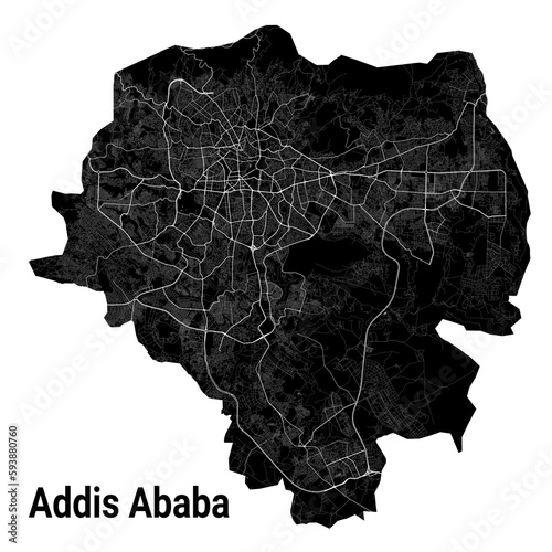 Addis Ababa, Ethiopia map. Detailed black map of Addis Ababa city poster with roads. Cityscape urban vector. Black land with white roads and avenues.