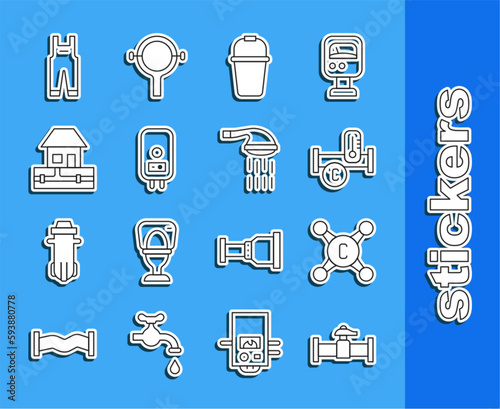 Set line Industry pipe and valve, Water tap, metallic, Bucket, Electric boiler, supply pipes, Work overalls and Shower icon. Vector