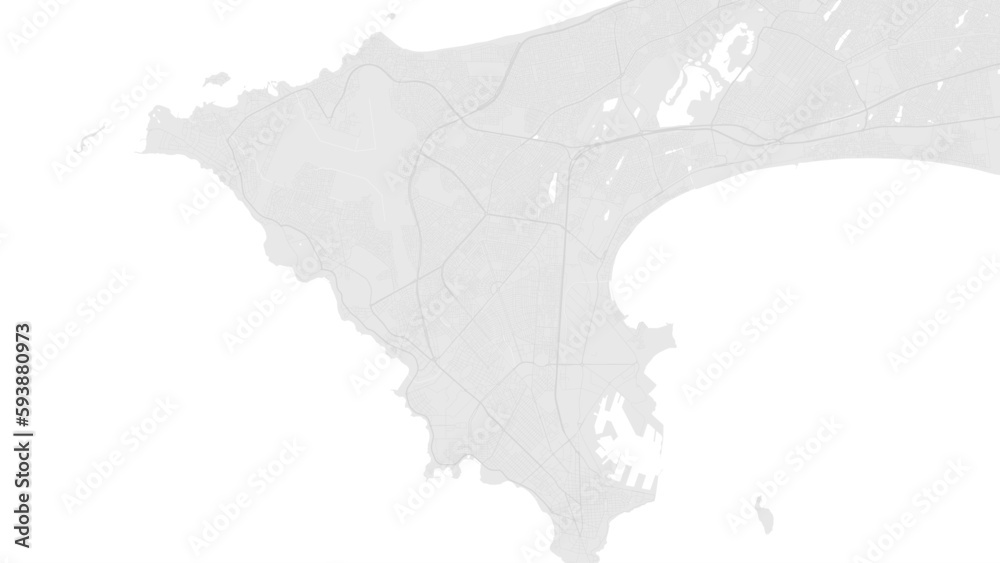 White and light grey Dakar city area vector background map, roads and water illustration. Widescreen proportion, digital flat design.