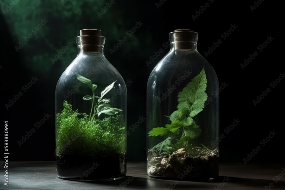 Glass bottle with green ecosystem. Generate Ai Glass bottle with green ecosystem. Generate Ai
