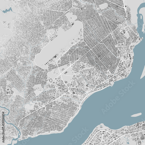 Brazzaville map, capital city of Republic of the Congo. Municipal administrative area map with buildings, rivers and roads, parks and railways.