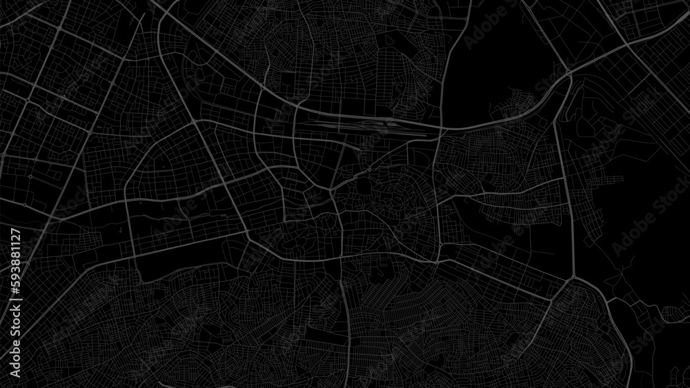 Dark black Gaziantep city area vector background map, roads and water illustration. Widescreen proportion, digital flat design.