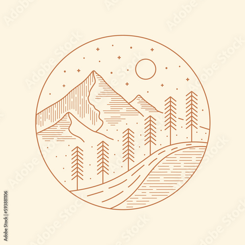 Landscape mountains river and pines vector line style for patch, pin, graphic, art t-shirt design