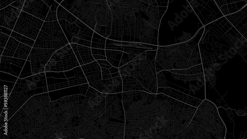 Dark black Gaziantep city area vector background map, roads and water illustration. Widescreen proportion, digital flat design.