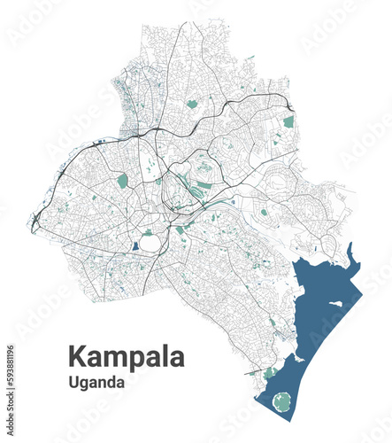 Kampala map, capital city of Uganda. Municipal administrative area map with rivers and roads, parks and railways.