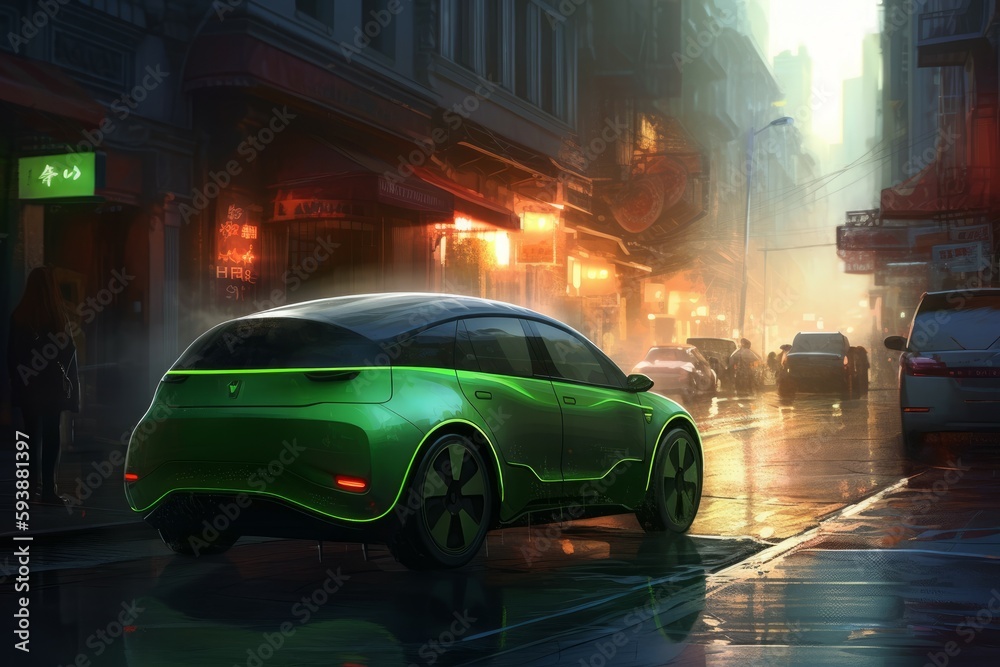 Green neon electric car. Generate Ai