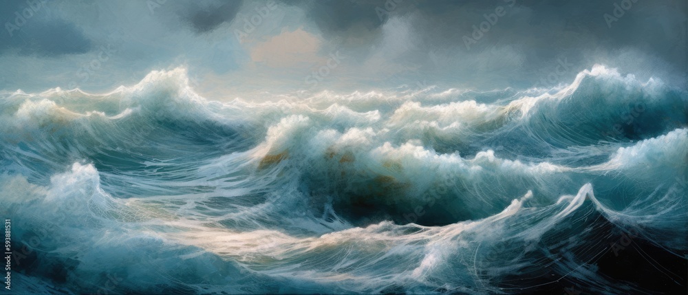 Atlantic ocean storm with turbulent gale force surf, deep blue sea waves and surreal rain clouds, vast expansive seascape horizon - generative AI	
