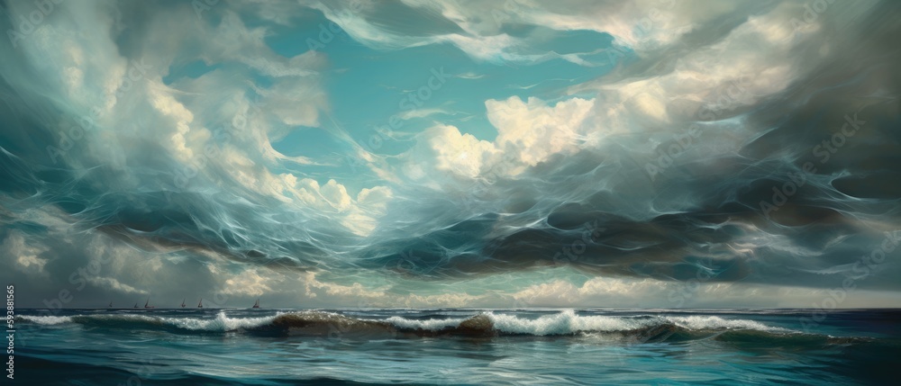 Atlantic ocean storm with turbulent gale force surf, deep blue sea waves and surreal rain clouds, vast expansive seascape horizon - generative AI	
