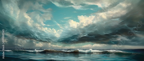 Atlantic ocean storm with turbulent gale force surf, deep blue sea waves and surreal rain clouds, vast expansive seascape horizon - generative AI 