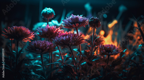 Beautiful fantasy flower with glowing purple color. 3D artwork background. AI generated