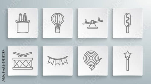 Set line Drum with drum sticks, Hot air balloon, Carnival garland flags, Classic dart board arrow, Magic wand, Seesaw, Corn dog and Magician hat rabbit ears icon. Vector