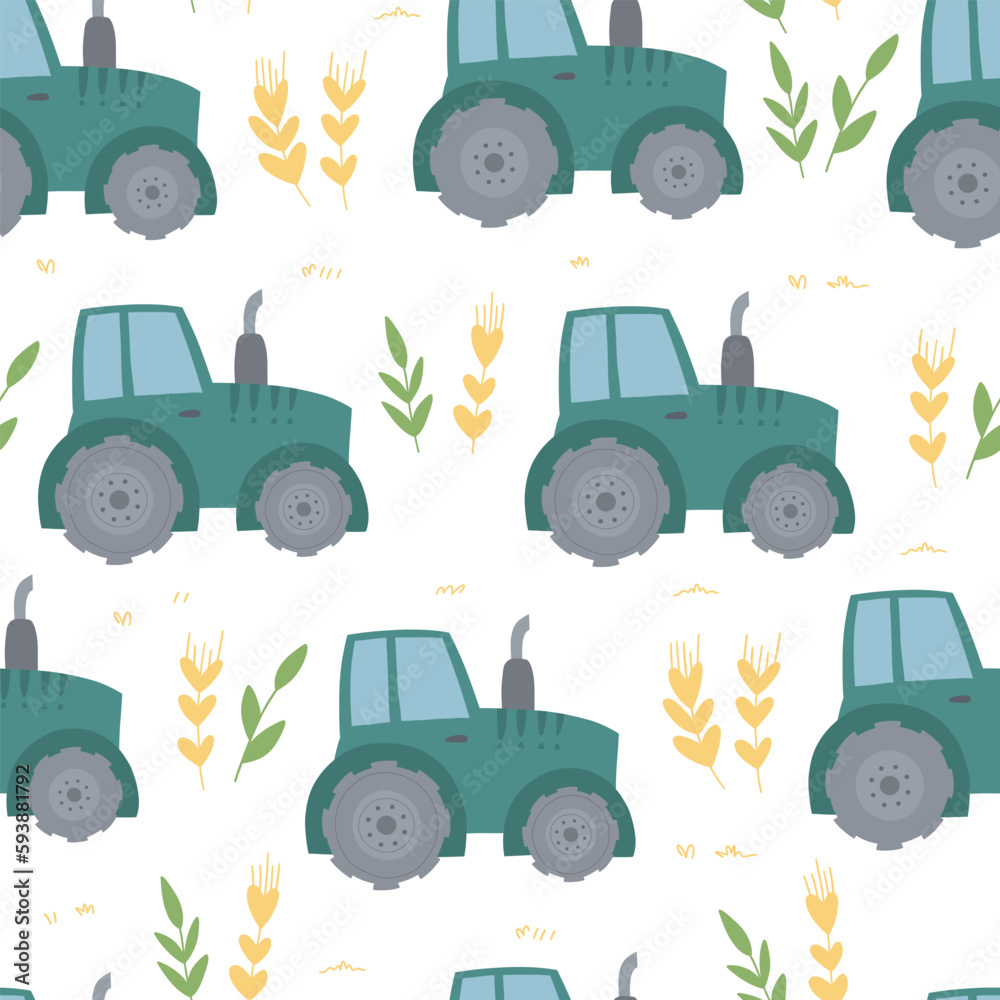 Pattern of blue tractors and wheat on a white background. Vector ...