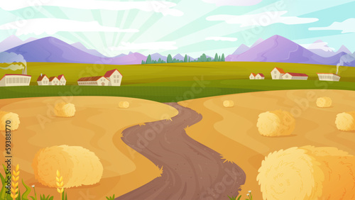 Vector illustration of a rural warm day. Large farmland in the middle of a large landscape. View of the countryside. Houses in the distance.