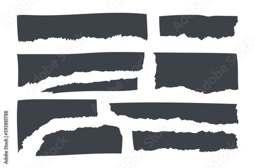 Vector illustration of a set of black paper scraps. Torn paper on white background. Crooked, frayed edge.