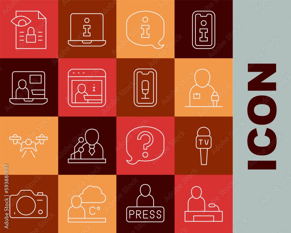 Set line Television report, Microphone, Journalist news, Information, World, Journalistic investigation and Mobile recording icon. Vector Set line Television report, Microphone, Journalist news, Information, World, Journalistic investigation and Mobile recording icon. Vector