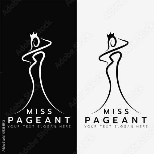 Miss pageant logo - Line art the beauty queen pageant raise hand to touch the crown on head vector design