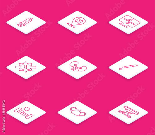 Set line Syringe, Location hospital, Heart rate, Joint pain, knee pain, Human kidneys, Pipette, Hospital bed and Medical protective mask icon. Vector