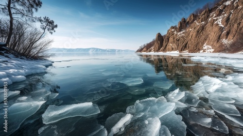 baikal lake with ice floes on the shore generative ai