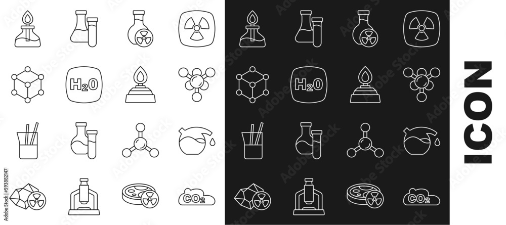 Set line CO2 emissions in cloud, Test tube, Molecule, with toxic liquid, Chemical formula H2O, Alcohol spirit burner and icon. Vector