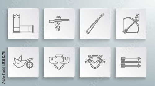 Set line Hunt on duck with crosshairs, Gun shooting, Moose horns shield, Deer antlers, Hipster arrows, Hunting gun, Bow and fire and Cartridges icon. Vector