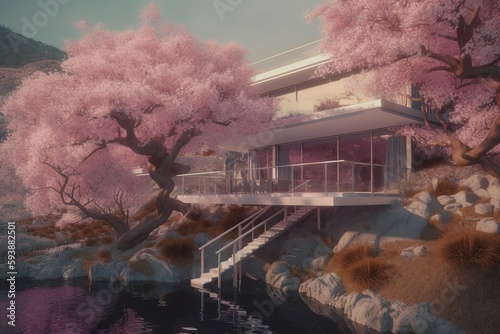 House near lake with blossom tree. Generate Ai photo