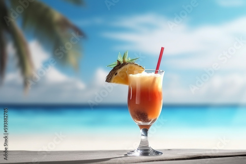 Glass of cocktail on the beach with copy space. AI