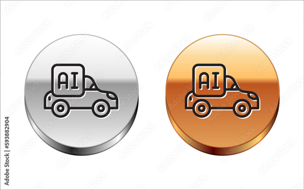 Black line Autonomous artificial Intelligence smart car icon isolated on white background. Silver-gold circle button. Vector Black line Autonomous artificial Intelligence smart car icon isolated on white background. Silver-gold circle button. Vector