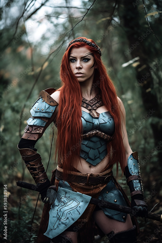 Obraz premium Young and beautiful female warrior in medieval fantasy leather armor. Medieval cosplay created with generative AI