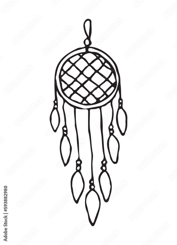 Macrame wall boho doodle. Home element. Cozy house. Handmade knitted wall decoration. Crochet. Rope. Vector illustration isolated white background.