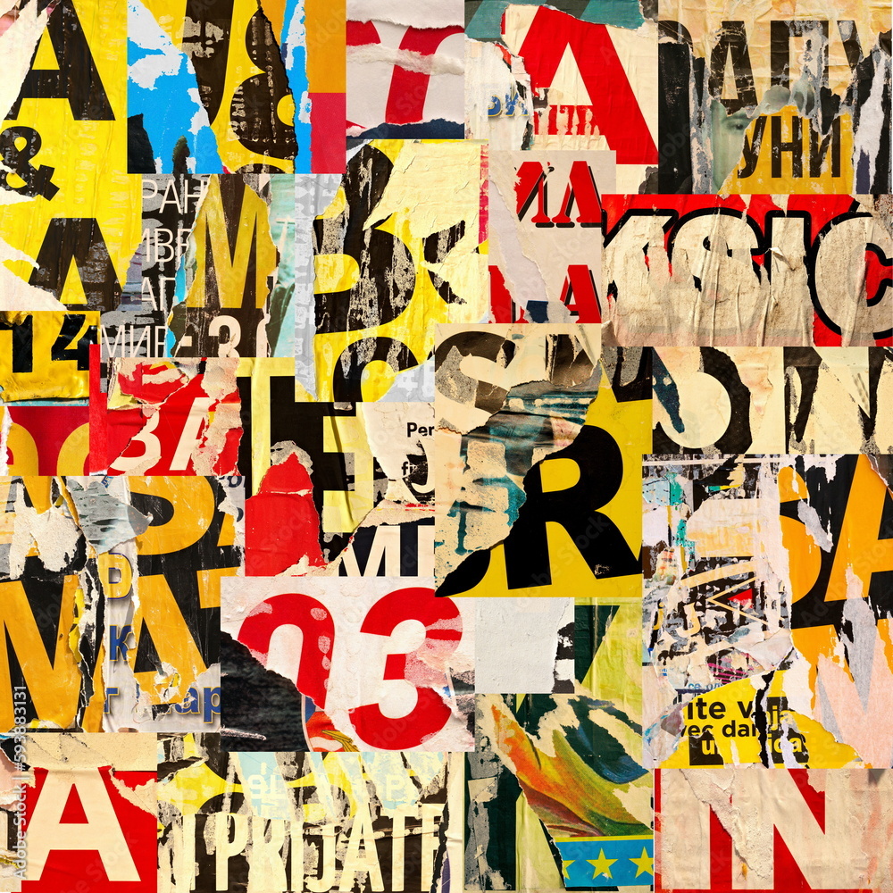 Collage of many numbers and letters ripped torn advertisement street ...