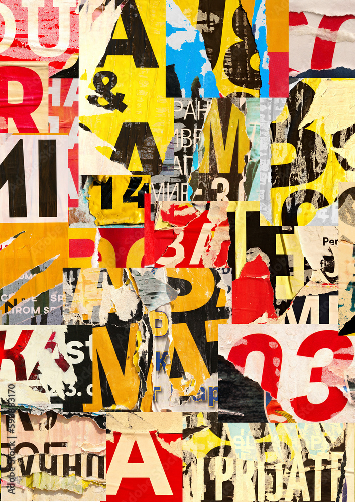 Fototapeta premium Collage of many numbers and letters ripped torn advertisement street posters grunge creased crumpled paper texture background placard backdrop surface