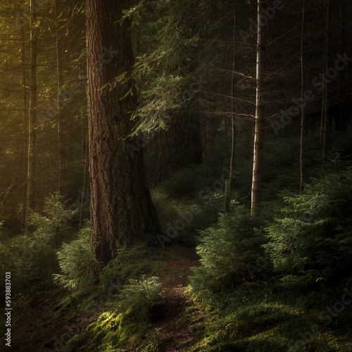 Hazy summer morning light shining through the trees in a Scottish woodland
