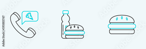 Set line Burger, Food ordering pizza and Bottle of water and burger icon. Vector
