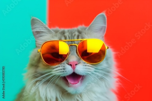 sunglasses funny portrait pet colourful animal cute neon fashion cat. Generative AI.