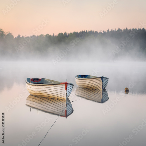 Fototapeta Naklejka Na Ścianę i Meble -  Two Small wooden row boats ready for fisherman Loch Rusky Scotland during a calm sunrise