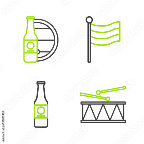 Set line Musical instrument drum and drum sticks, Beer bottle, National Germany flag and wooden barrel icon. Vector