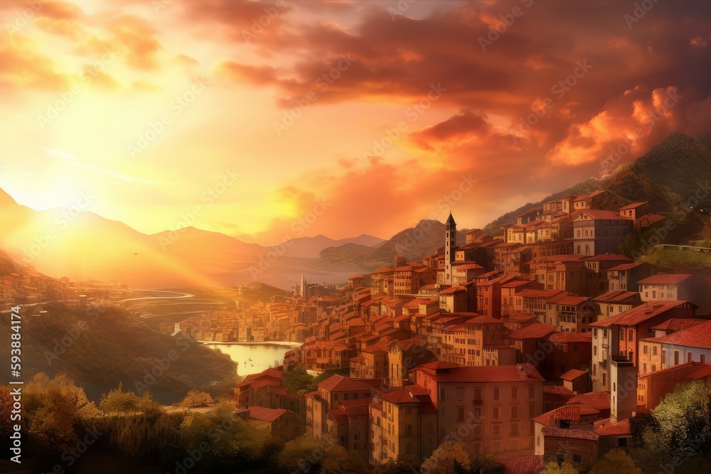 Italian town in sunset. Generate Ai